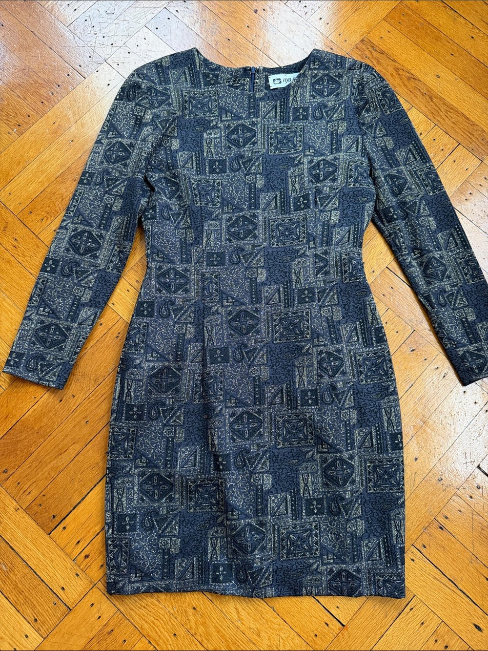 Long-Sleeve Sheath Dress in Dark Charcoal, Navy, with Metallic Gold Accents